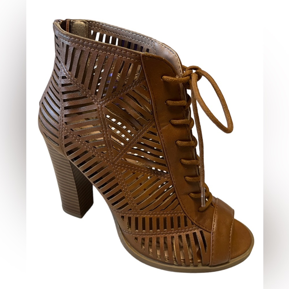 Mix No 6 Peep Toe Front Tie Back Zip Block Heel Cutout Brown booties size 6.5